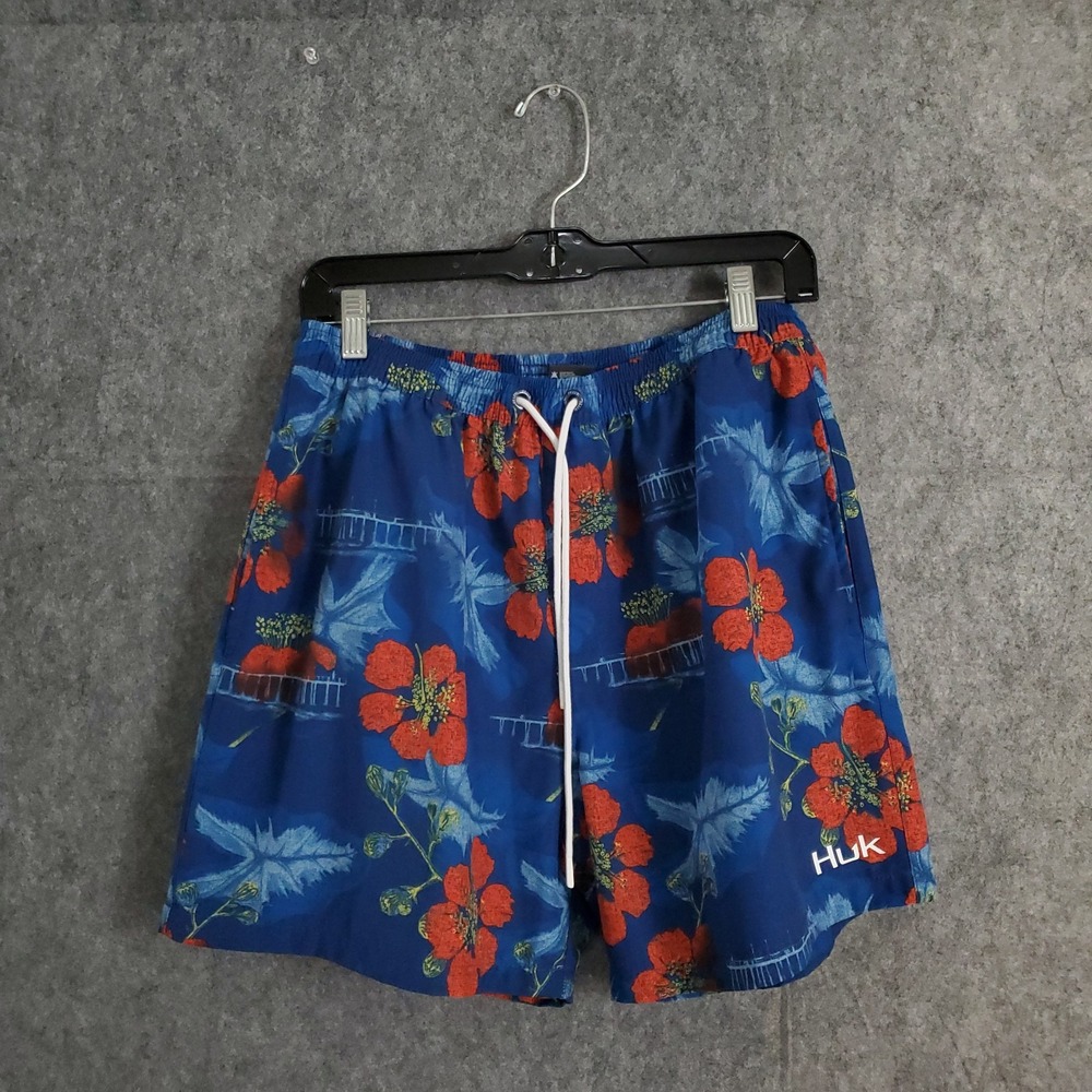 Huk Blue and Red Floral Men Swim Board Shorts